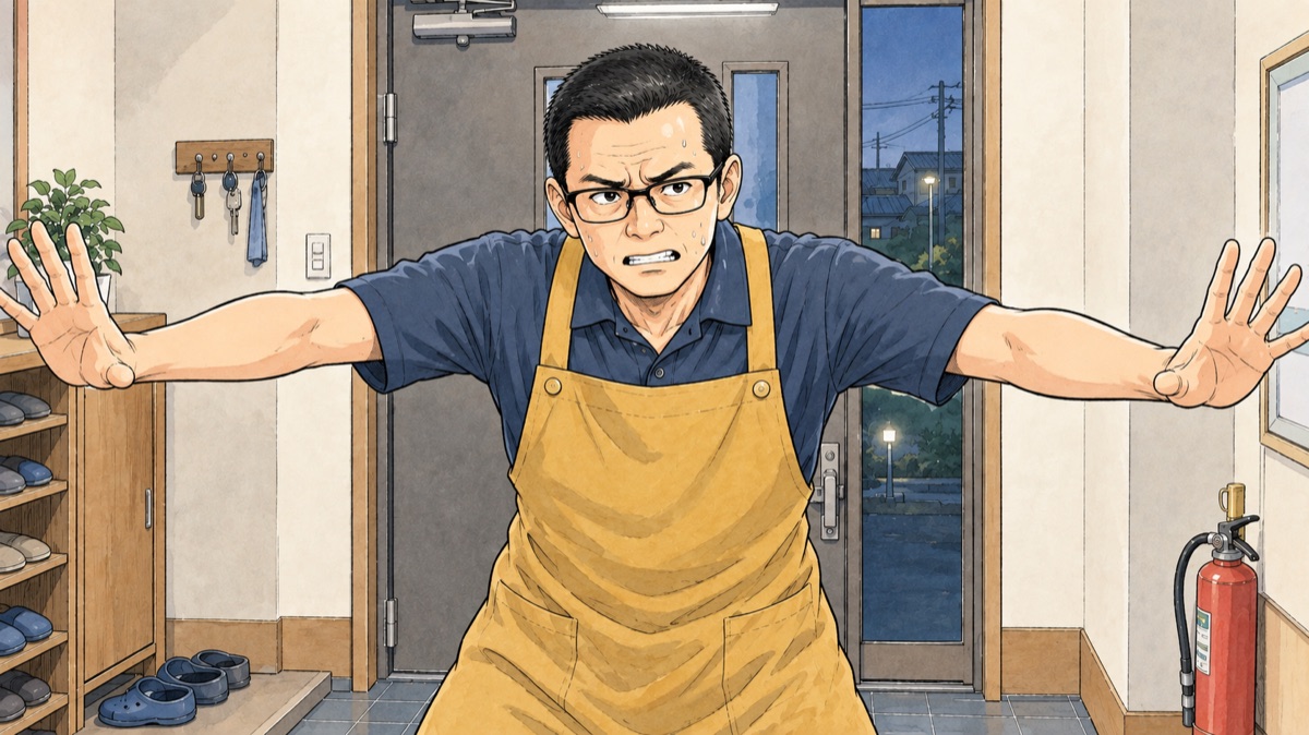 玄関で体を張って入居者を止める私