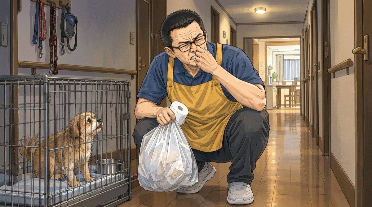 深夜に犬のケージを掃除する私