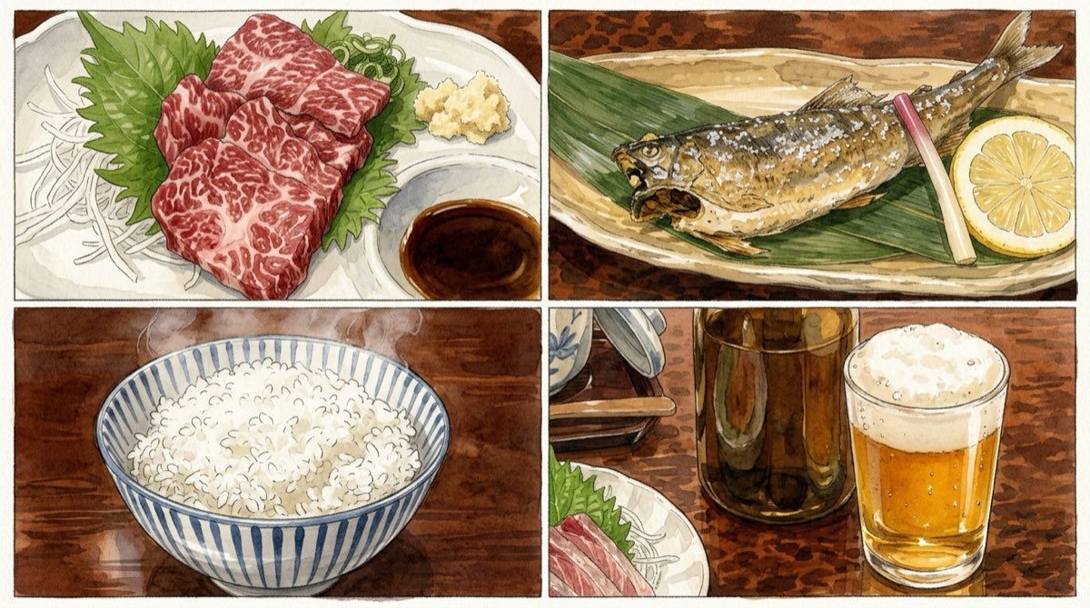 馬刺し、鮎の塩焼き、玖珠米のご飯、ビールが並ぶ夕食
