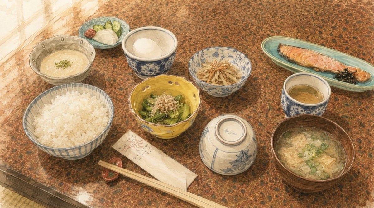 焼きたての鮭や菜っ葉のお浸しが並ぶ朝食の膳
