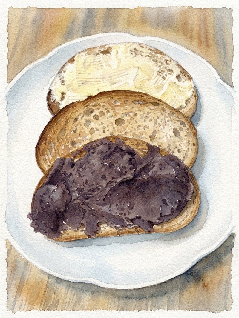 バターを塗ったパンとあんこをのせたトースト