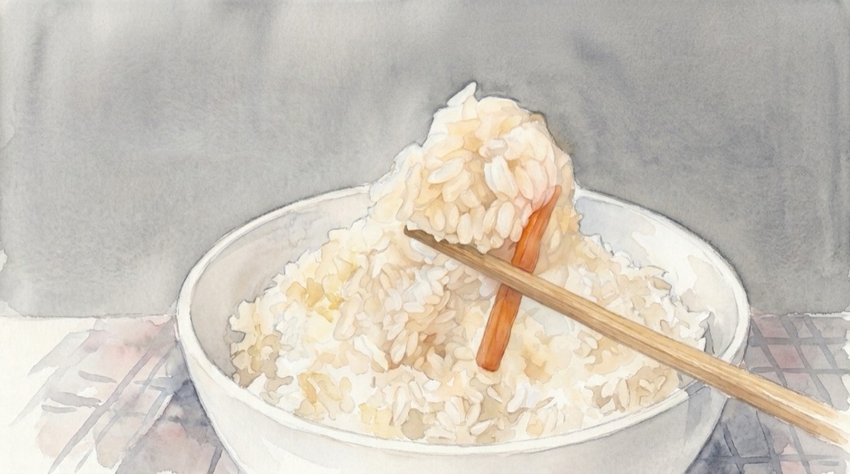 箸でかしわごはんを持ち上げた水彩イラスト。にんじんとごぼうが見える