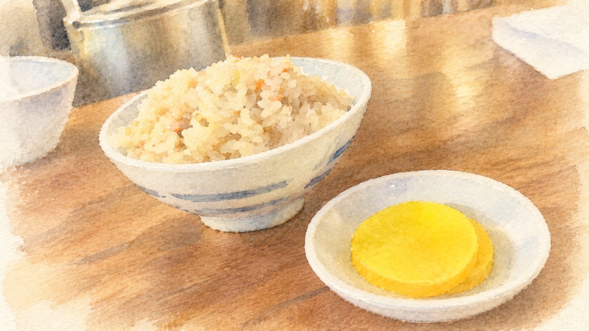 牧のうどんのかしわごはんと、まん丸のたくあんの水彩イラスト