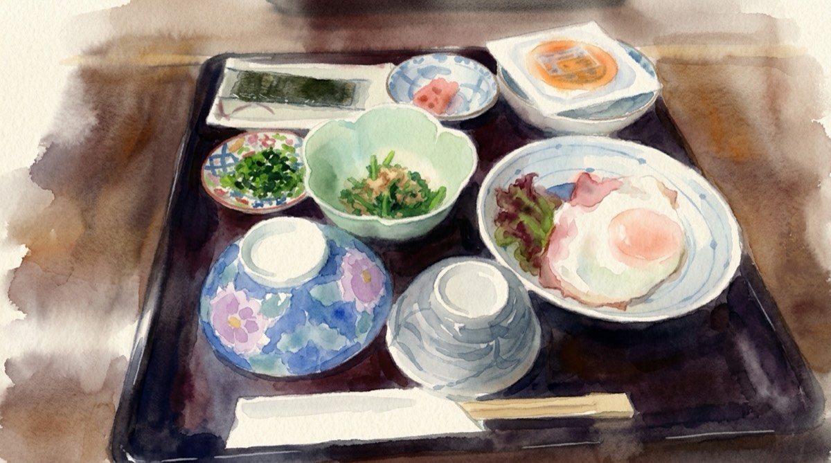旅館の朝ごはんの膳。ハムエッグ、のり、明太子、納豆、おひたし