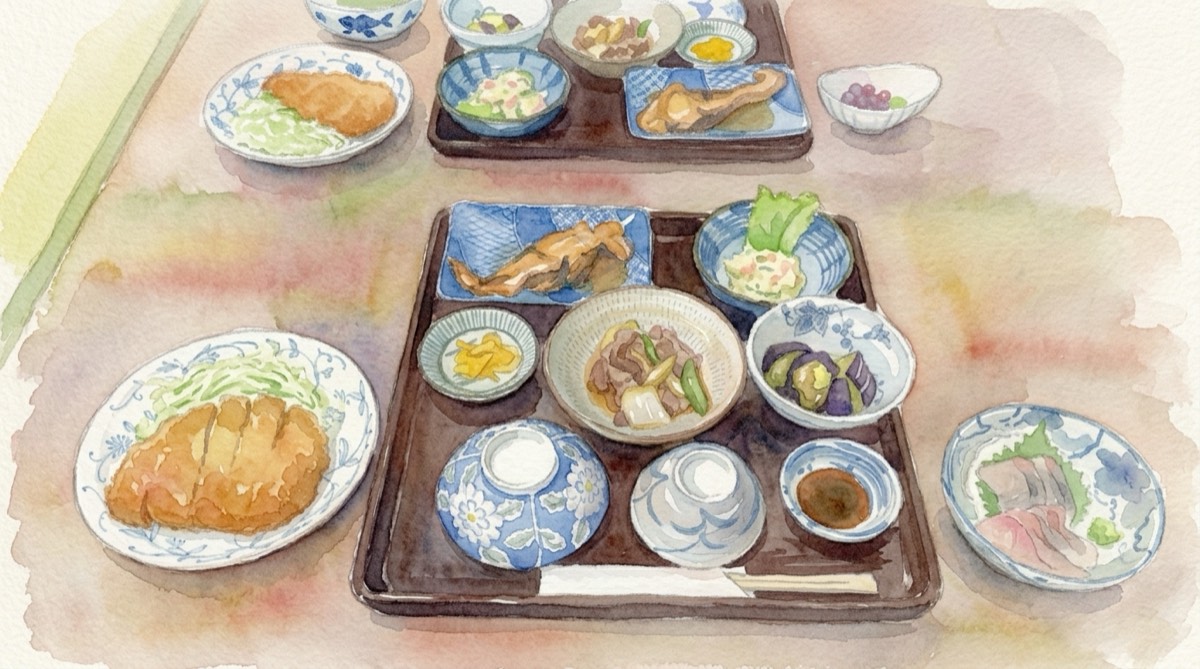 旅館の夕食の膳。とんかつ、あら煮、ポテトサラダ、刺身などが並ぶ