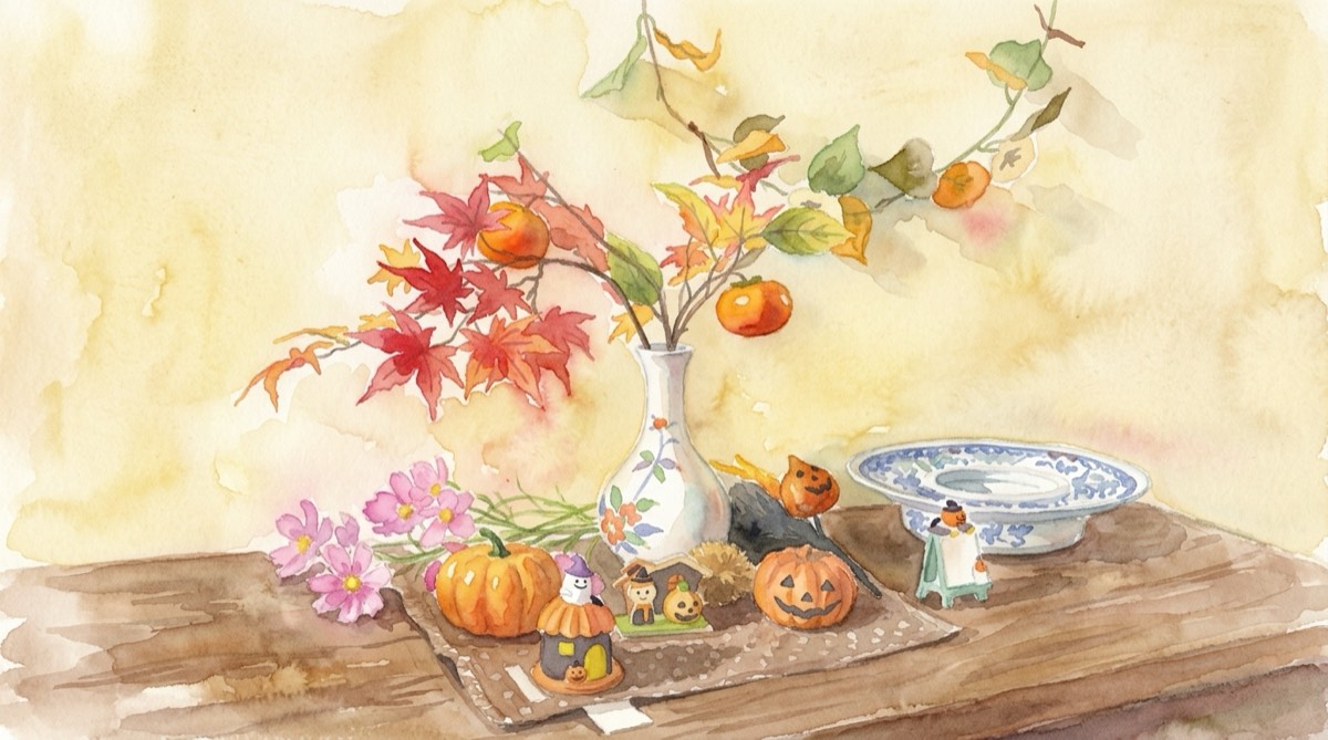 もみじとかぼちゃで飾られた秋のハロウィンの飾り付け