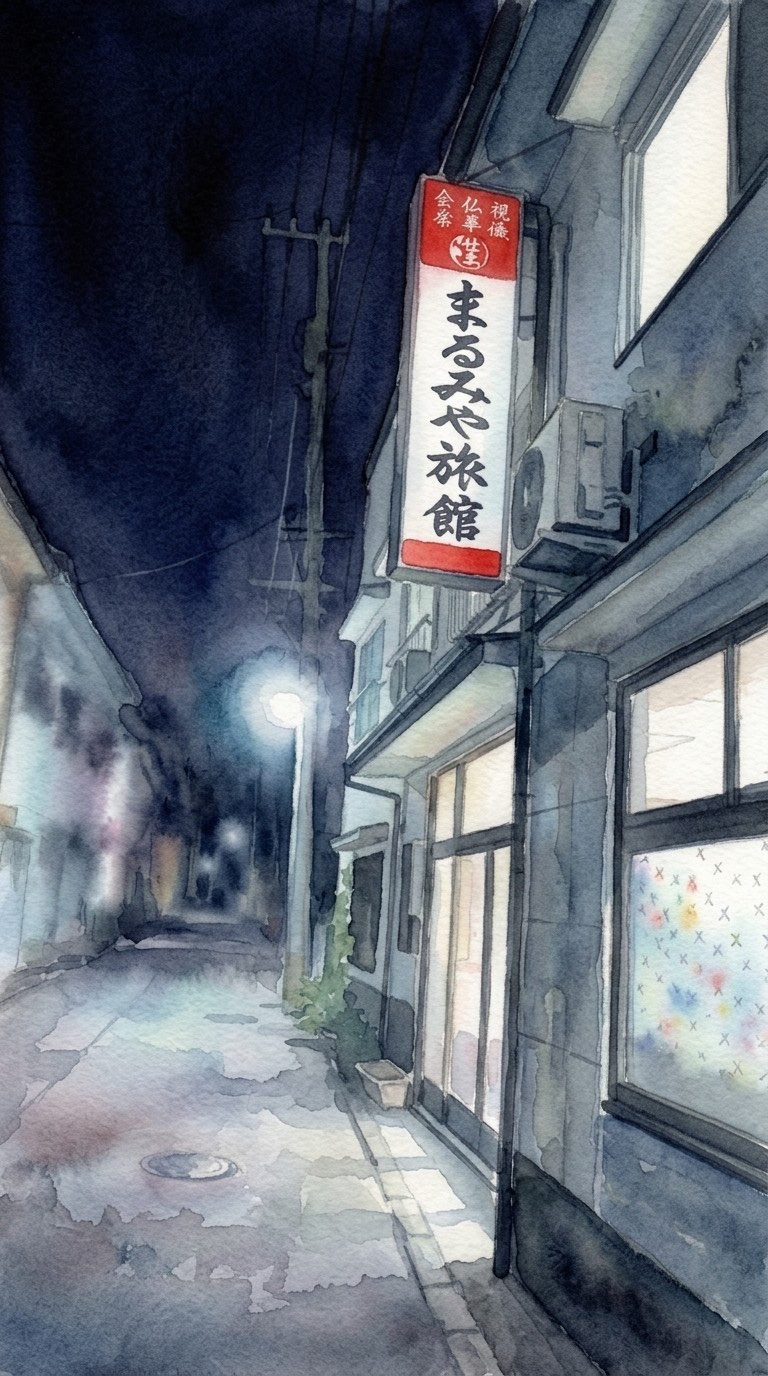 夜の路地にまるみや旅館の看板と窓の明かりが浮かぶ