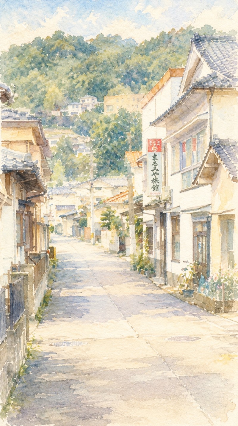 亀川温泉の静かな路地とまるみや旅館の看板