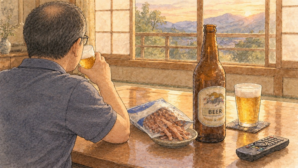 座卓で瓶ビールとあたりめを楽しむ男性