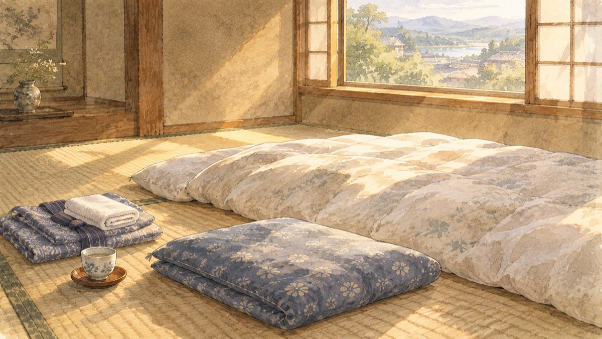 昼寝したくなる、畳に敷かれた布団と座布団のある和室