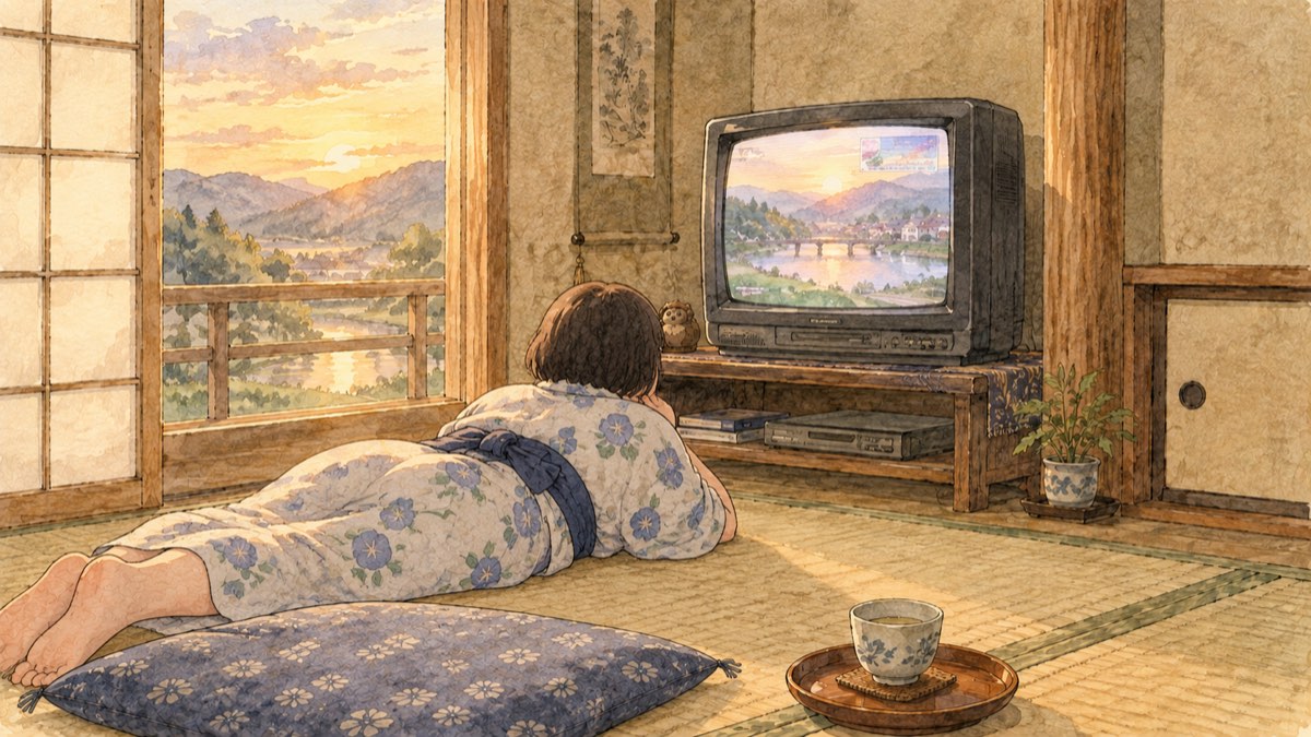 夕方の和室でテレビを見ながらくつろぐ浴衣姿の女性
