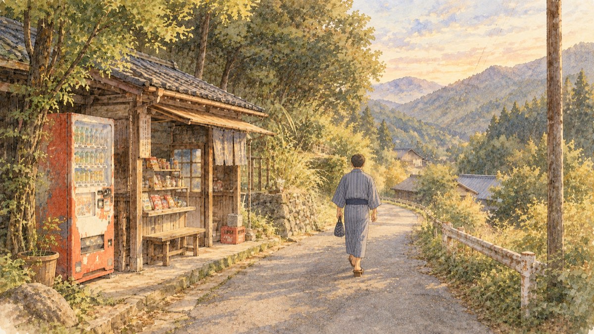 浴衣に草履で山あいの道をぶらぶら散歩する男性